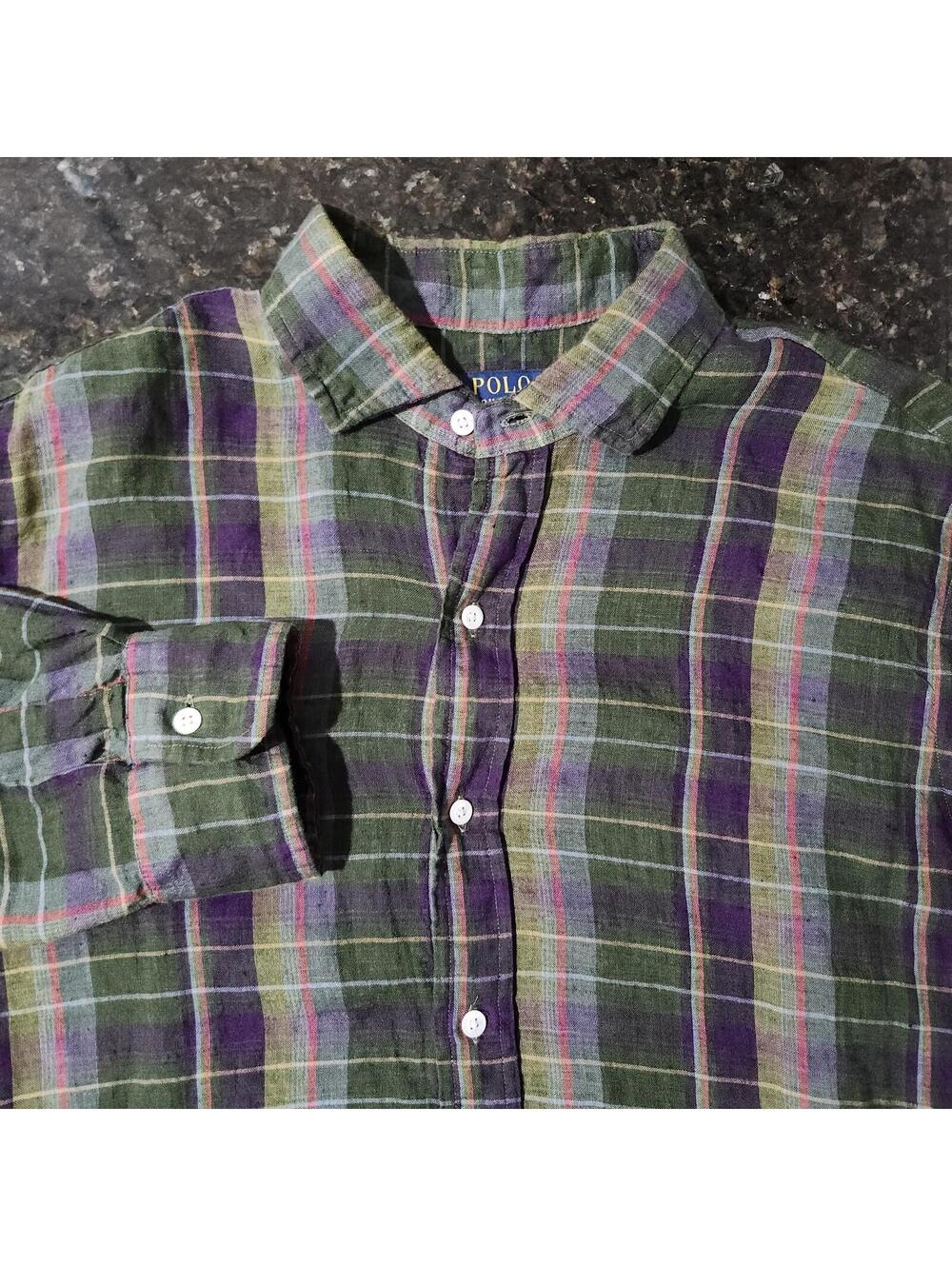Polo Ralph Lauren 100% Linen Button Up Plaid Check Outdoor Sumemr Beach Large